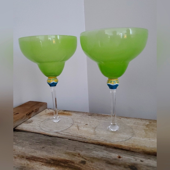 Pier 1 Margarita glasses set of 2 Handpainted hand blown green